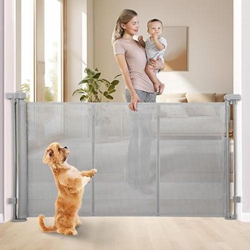 Innovative Retractable Baby Gates with Reinforced Strip, Mesh Baby Gates with One-Handed Operation, 35" Tall x 71" Wide, Double Locking Mechanism,for Stairs Doorways Hallways,Indoor and Outdoor