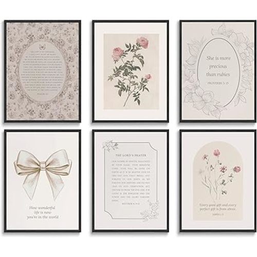 Christian Nursery Wall Art Prints Set of 6 Vintage Floral Bow Bible Verses Wall Decor Pictures Scripture Gallery Posters for Girls Bedroom Dorm Apartment Unframed (10L x 8W)