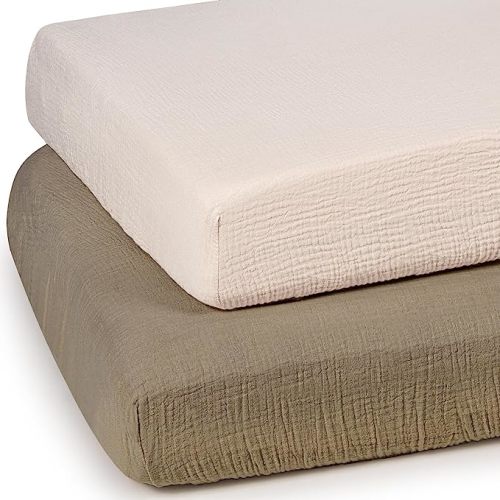 lulumoon Baby Muslin Crib Sheets - Toddler Cotton Fitted Crib Sheets Neutral for Boys and Girls 2Pack (Olive+Cream) - Olive+cream