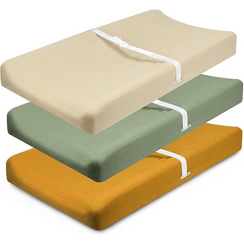 Muslin Changing Pad Cover, MomK!ds 3 Pack Changing Table Cover with Safety Straps Holes, Stretch Ultra Soft Diaper Changing Pad Sheets, Changing Table Sheets Fit 32"/34" x 16" Pads (Sage Green)