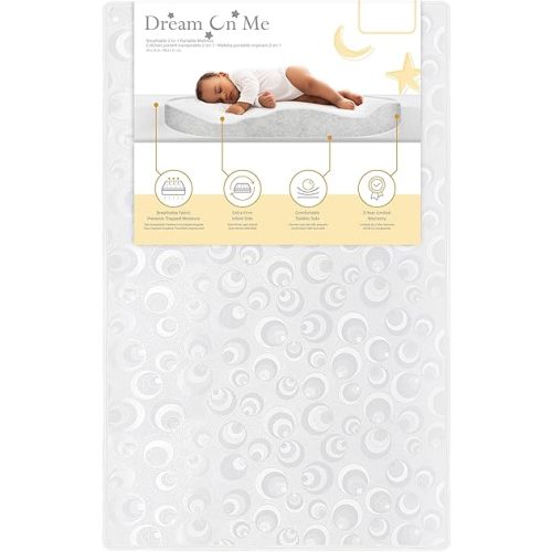 Dream On Me 2-in-1 Breathable Two-Sided 3" Portable Mini Crib Mattress, Greenguard Gold Certified, Vinyl and Breathable Fabric, White