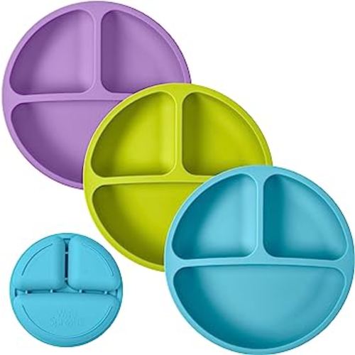 WeeSprout Silicone Plates for Babies & Toddlers (3 Pack) 100% Food-Grade Dishes for Self Feeding, Divided Design & Raised Edges for Picky Eaters, Dishwasher & Microwave Safe Weaning Supplies