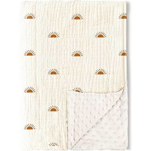 Konssy Baby Blankets for Unisex Boys Girls, Super Soft Nursery Minky Blankets with Muslin Cotton Front and Dotted Fleece Backing, Printed Bed Throws Newborn