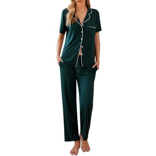 Ekouaer Women Pajamas Set Button Down Sleepwear Short Sleeve Nightwear with Long Pants Soft Pjs Set S-XXL