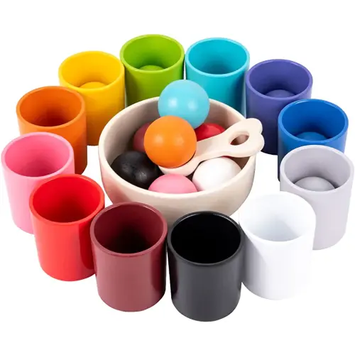 Auvewilo Balls in Cups Montessori Toy, Color Sorting and Matching Game for Toddlers, Motor Skill Exercise with 4CM Large Balls