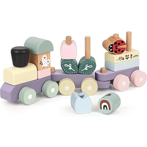 Wooden Stacking Train Toy Set,Wooden Building Blocks Train with Shape Sorter Early Learning Gift for Toddlers Boys Girls 12 Months and up