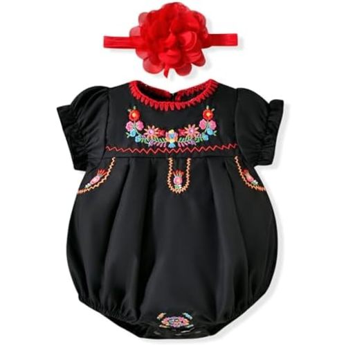 HINTINA Newborn Baby Girl Mexican Ethnic Embroidery Floral Bodysuit With Headband