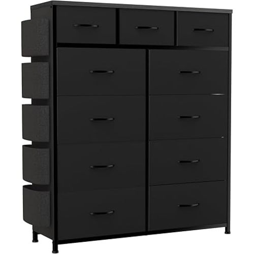 11 Drawer Fabric Storage Dresser for Bedroom Organization, Chest of Drawers with Deep Shelves, Side Pockets & Hooks, Sturdy Steel Frame & Wood Top, Baby/Kids Closet Organizer Unit. (Black)