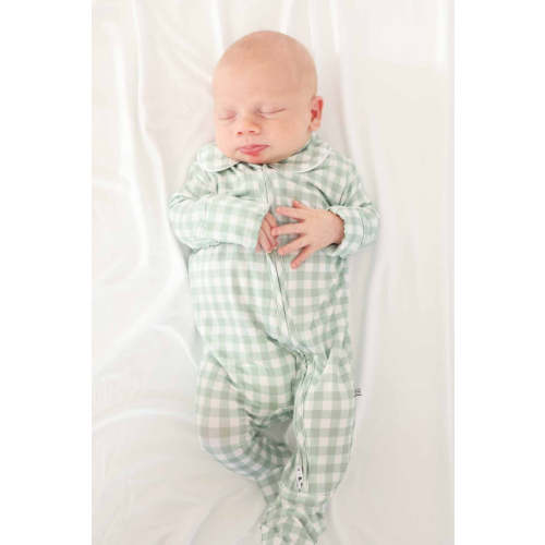 Peter Pan Collar Zipper Footie | Moss Gingham