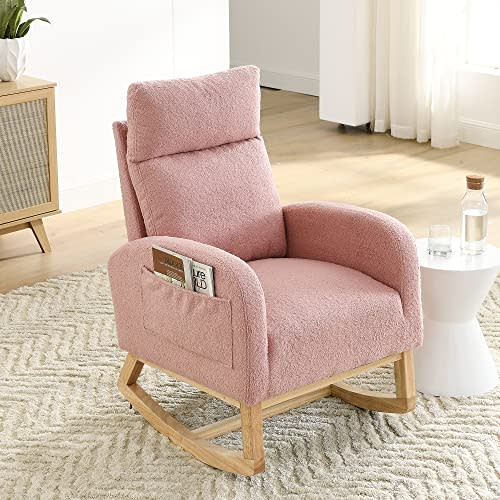 Krinana Nursery Rocking Chair with Solid Wood Legs, Glider Chair for Nursery with Two Side Pockets, Rocker Armchair for Living Room Bedroom (Pink, Teddy Fabric)