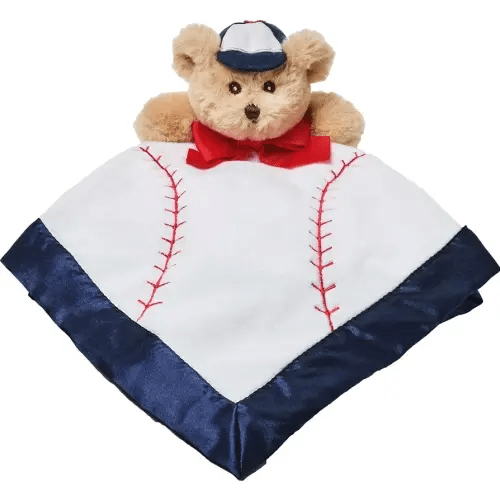 Bearington Baby Lil’ Slugger Snuggler, 15 Inch Baseball Plush Stuffed Animal Teddy Bear Security Blanket Lovey for Babies
