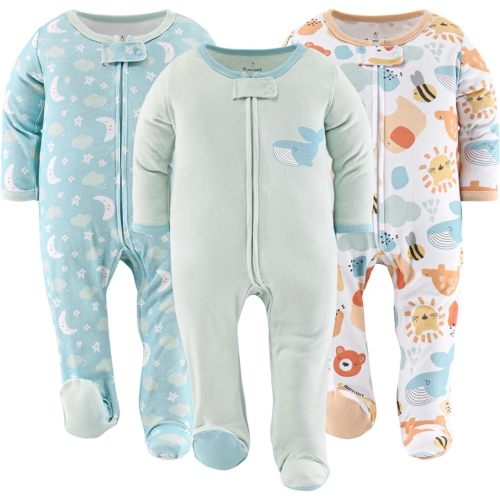 The Peanutshell Footed Pajamas Sleepers for Baby Boys or Girls, Sleep and Play Footies, Unisex 3 Pack