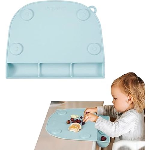 PandaEar Silicone Suction Placemats for Baby Kids, Food Grade Mats Toddler Placemats with Food Catching Pockets for Dining Table & Restaurants -Blue