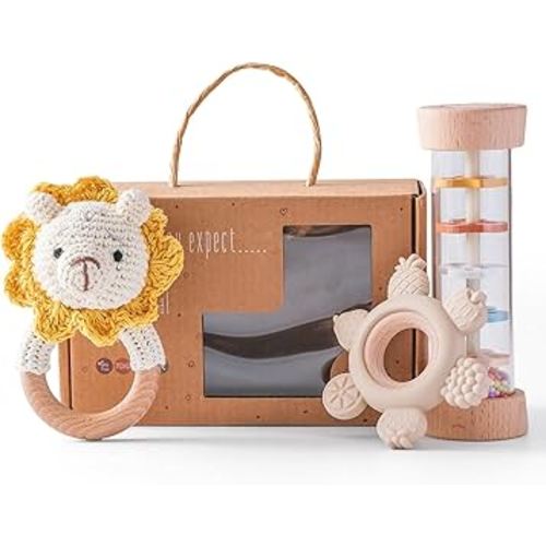 Youuys Wooden Baby Rattle Set (3pcs) - Crochet Rattle Rain Stick Teething Toys, Wooden Montessori Toy for Newborn Infant Baby Rattles Set Toys 3-6-12 Months(Lion)