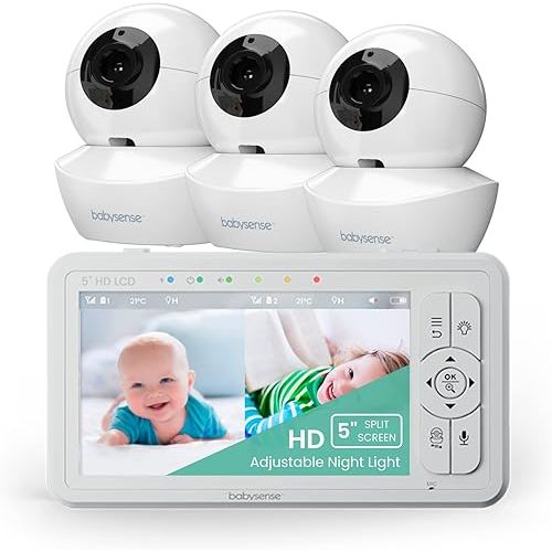 Babysense 5" HD Split-Screen Baby Monitor, Video Baby Monitor with Camera and Audio, Three HD Cameras with Remote PTZ, Night Light, 960ft Range, Two-Way Audio, 4X Zoom, Night Vision, 4000mAh Battery