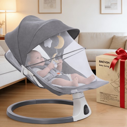 SACVON Portable Baby Swing, 5 Speed & Bluetooth Music, with Remote Control for Indoor Outdoor Use, for Infants 0-6 Months, Dark Gray