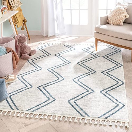 Well Woven Merri Blue Ivory Geometric Stripes Pattern Stain-Resistant Area Rug 5x7 (5'3" x 7'3")