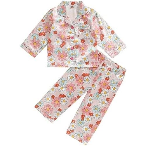 Kids Baby Girl Boy Satin Pajamas Set Button Down Sleep Shirt Top+Long Pants Bottoms Sleepwear Loungewear Clothes