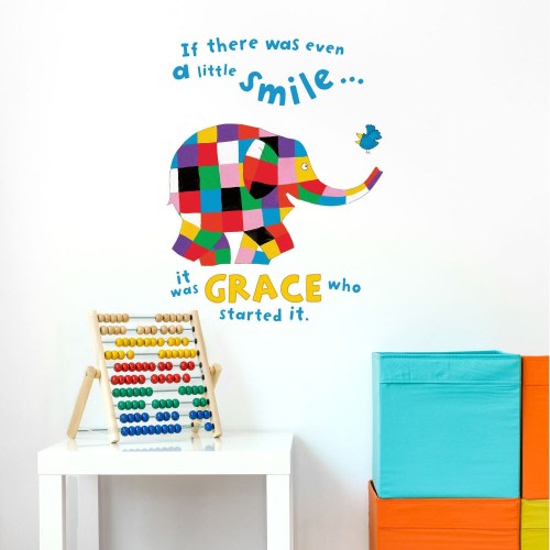 Personalised Elmer little smile wall sticker, Elmer the patchwork elephant wall sticker