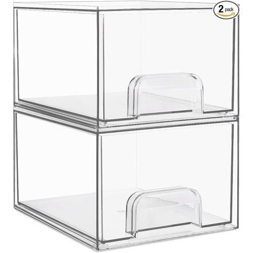 Vtopmart 2 Pack Small Clear Stackable Storage Drawers,Acrylic Bathroom Makeup Organizer,Plastic Storage Bins For Vanity, Undersink, Kitchen Cabinets, Pantry, Home Organization