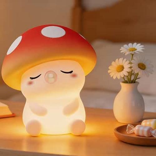 Mushroom Night Light, Squishy Silicone Touch Bedside Nursery Lamp | Warm Glow, Safe BPA-free Silicone, 20-min Auto Sleep Timer, 2 Brightness,Kids Room Decor, Baby Shower Gifts for Girls Toddler
