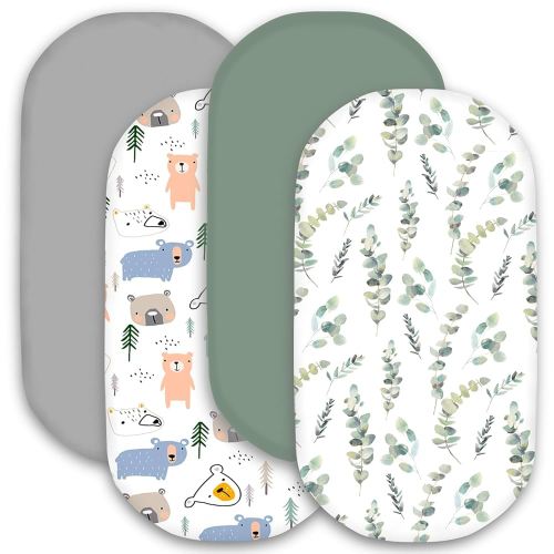 bimocosy Bassinet Sheet, 4 Pack Bassinet Sheets for Baby Boys Girls, Soft Baby Bassinet Fitted Sheets Neutral for Standard Bassinet Mattress, Size 32 x 16 x 4 Inches, Leaf/Bear/Gray/Green