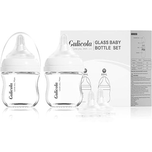 Small Glass Baby Bottle for Newborn Breastfeeding Babies, Preemie & Extra Slow Flow Nipples (SS), Anti-Colic, Breast-Like, 0 Months+, 3 oz, 2 Pack - White