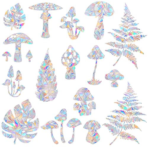 18 Pieces Mushroom and Leaf Window Decals for Bird Strike Prevention - Reusable Rainbow Suncatcher Clings to Save Birds, Non-Adhesive Anti-Collision Stickers, Easy Remove No Residue