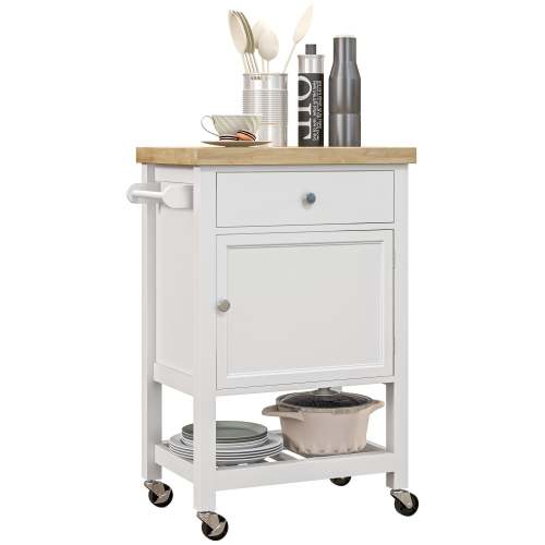 HOMCOM Kitchen Island on Wheels with Rubberwood Top and Cabinet, White