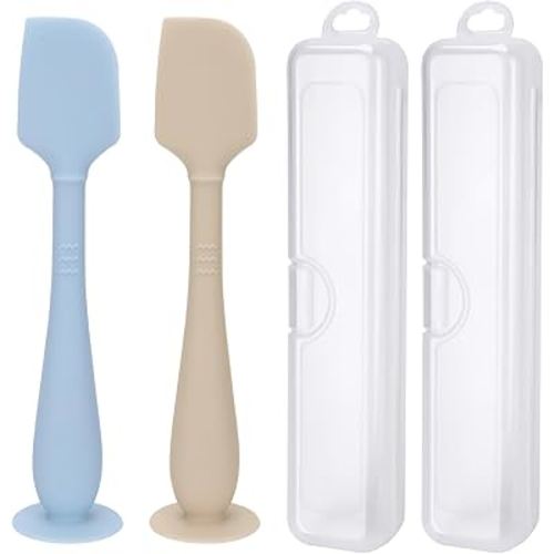 2 Pack Diaper Cream Spatula with Hygienic Travel Case, Butt Spatula Baby with Suction Base, Baby Butt Paste Spatula, Soft Silicone Diaper Rash Cream Applicator Large Size (Blue & Offwhite)