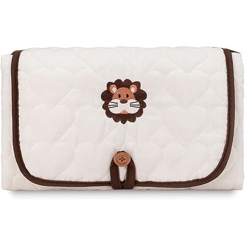 Cute Portable Baby Changing Mat,Waterproof Folding Diaper Changing Pad Lightweight Travel Nappy Changing Mat Changing Station with Pocket for Newborns Infants(Lion)