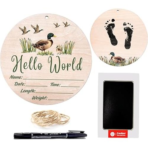 Mallard Duck Baby Announcement Sign, Hello World Newborn Sign, 6.7 Inch Round Wooden Name Sign for hospital, With Ink Pad for Hand and Footprints, Marker Pen, Baby Photo Prop & Keepsake