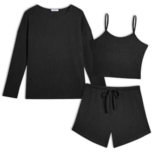 Ekouaer Womens Crop Cami 3 Piece Waffle Knit Lounge Set, Summer Pajama Sets with Long Sleeve Top & Drawstring Shorts