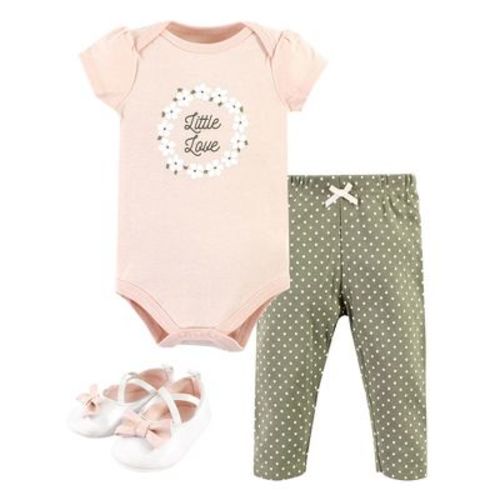 Hudson Baby Infant Girl Cotton Bodysuit, Pant And Shoe Set, Sage Floral Wreath Short Sleeve, 0-3 Months