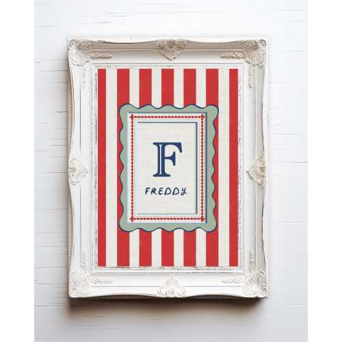 Custom Name Poster, Personalised Red Stripes Nursery Print, Baby Room Decoration Country Pattern, Circus Stripes Carnival Theme