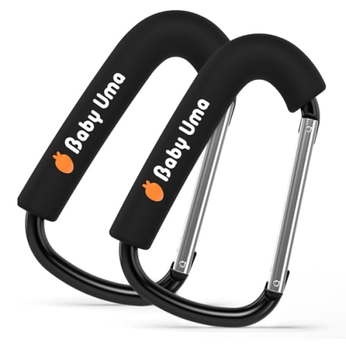 Baby Uma XL Stroller Hooks for Bags (2 Pack) - Universal Stroller Clips and Hooks with Foam Handle, 11 lb Weight Capacity per Carabiner, Adjustable & Non-Slip, Baby Travel Essential