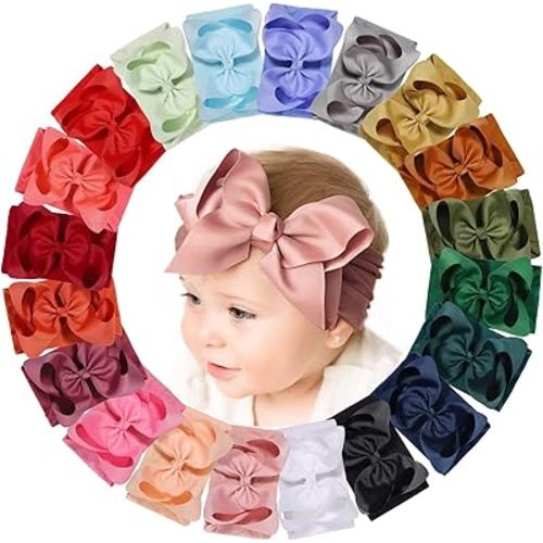 doboi Baby Girl Headbands Set - 20pcs Hair Bows and Nylon Headbands, Big Bows for Infant, Newborn, and Toddler Girls