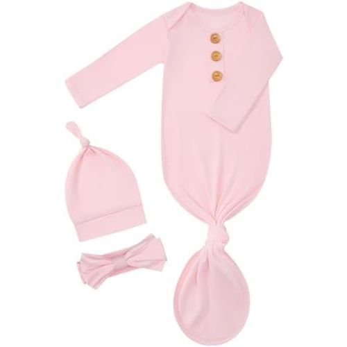 Newborn Knotted Gown Set, Soft Breathable Baby Sleep Gown with Hat & Headband for Boys Girls