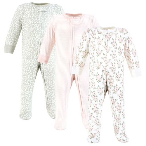 Hudson Baby Infant Girl Cotton Sleep and Play, Pink Sage Florals
