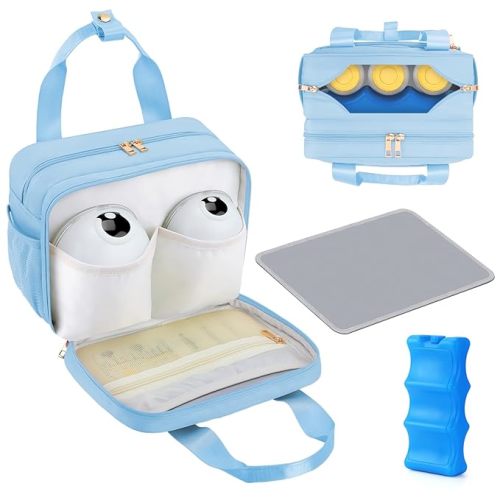 PIIOSER Breastmilk Cooler Travel Bag with Ice Pack, Compatible with Wearable Breast Pumps & Accessories - Portable Hands Free Breast Pump Carrying Case for Nursing & Working Moms, Blue