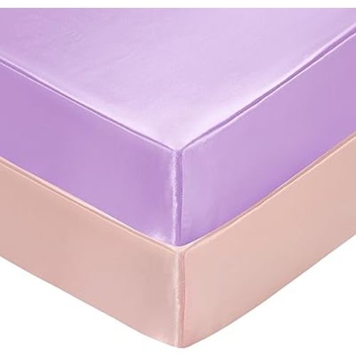 SiinvdaBZX 2 Pcs Satin Mini Crib Sheets 38 x 24In, Silky Soft Mini Portable Crib Sheets Mattress Cover Portable Playard Sheets with 5In Deep Pocket, Great for Baby Hair (Pink & Lavender)
