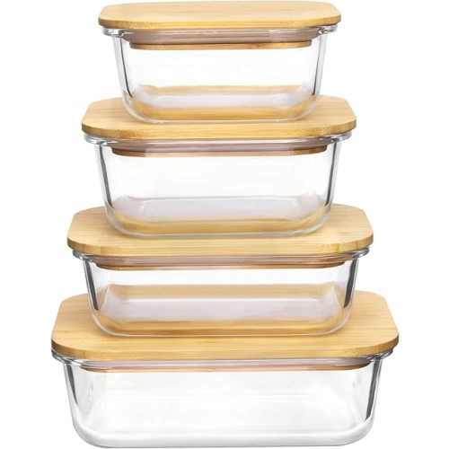 Vtopmart Glass Food Storage Containers with Bamboo Lids, 4 Pack Meal Prep Glass Containers Safe for Microwave, Oven, Freezer and Dishwasher, BPA Free