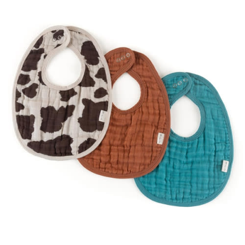 Itzy Ritzy Set of 3 Baby Bibs - Ultra-Soft Adjustable Infant & Toddler Bibs Made of Triple-Layer Cotton Muslin, Ideal for Drooling, Teething, & Eating - 3 Stylish, Coordinating Prints (Cow Print)