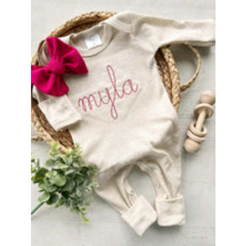 Personalized Baby Girl Outfit | Oatmeal Beige Romper Hot Pink Baby Nam – Wonderfully Made