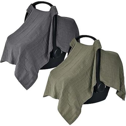 Car Seat Cover Baby - Organic Cotton - Carseat Covers Baby - Carseat Cover - Car Seat Canopy - Carseat Canopy - 100% Muslin Cotton, 43" x 32" 2-Pack (Sage Green/Soft Grey)