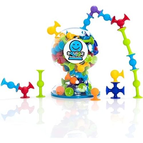 Fat Brain Toys Squigz Deluxe Set - 50-Piece Suction Construction Toys, Suction Bath Toys, Sensory Toys for Kids 3 and Up