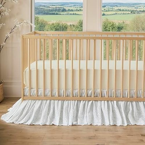 Brandream Scallop Edge Cotton Lace Crib Skirt, Baby Boy, Baby Girl, Gender Neutral Crib Skirt Toddler Bedskirt Dust Ruffle White Ruffled Eyelet Crib Bed Skirt Gathered Styling & Embroidered Details