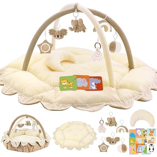 5-in-1 Plush Baby Play Gym, Activity Mat with Convertible Gym and Pillow, 6 Sensory Toys, Play Center from Newborn to Toddler, Cream