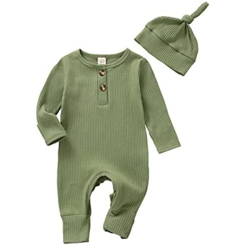 Infant Boys Girls Clothes Set Newborn Baby Romper Hat Ribbed Knit Long Sleeve Button Solid Bodysuit Jumpsuit