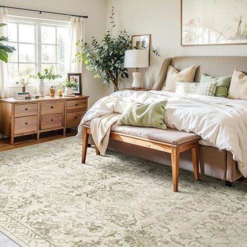 Deerly Sage Green Rug 6x9 Area Rugs for Bedroom Nursery, Machine Washable Distressed Floral Living Room Rug, Neutral Traditional Oriental Non Slip Boho Large Indoor Carpet for Dorm Office Playroom
